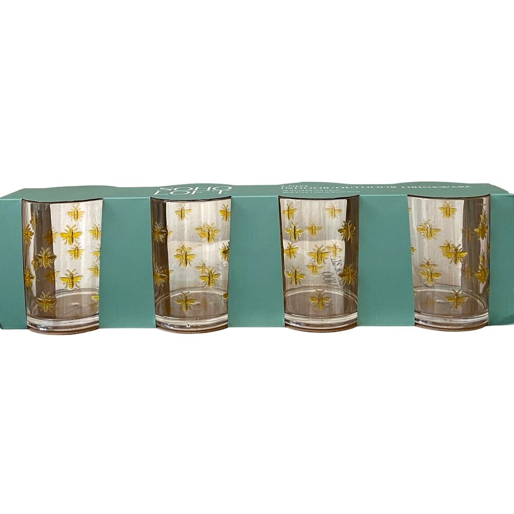 Soho Loft Gold Bee Clear Acrylic Glasses 15oz Indoor Outdoor Tumblers Set of 4